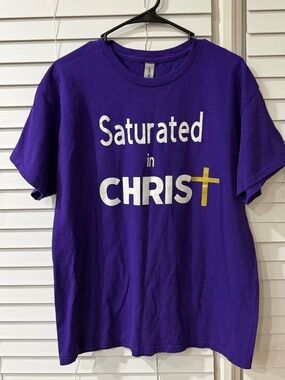 Gildan Purple 'Saturated in CHRIST' Graphic Tee Shirt With Gold Cross! Size L